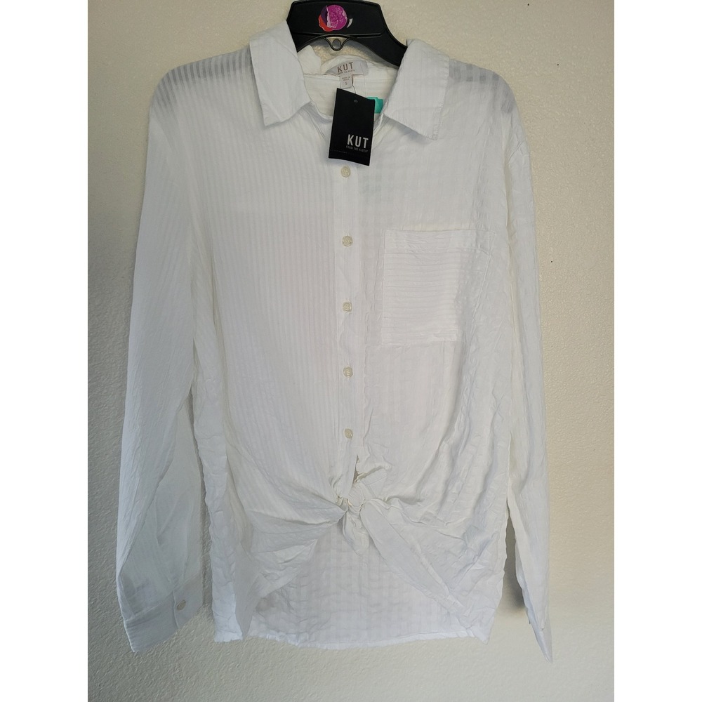 Kut From The Kloth White Textured Button Up Shirt Long Sleeve Knot Front S #21